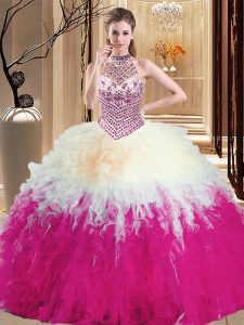 Free and Easy Multi-color Ball Gowns Halter Top Sleeveless Tulle Floor Length Lace Up Beading and Ruffles Quinceanera Gown