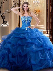 Traditional Royal Blue Ball Gowns Embroidery and Ruffles Quinceanera Dress Lace Up Tulle Sleeveless Floor Length