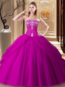 High Quality Hot Pink Sleeveless Tulle Lace Up Quinceanera Dresses for Military Ball and Sweet 16 and Quinceanera