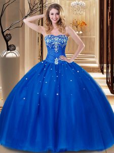 Sweetheart Sleeveless Quinceanera Dresses Floor Length Beading and Embroidery Royal Blue Tulle
