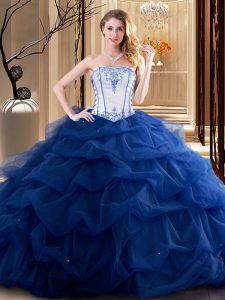 Elegant Sleeveless Tulle Floor Length Lace Up Quinceanera Gowns in Royal Blue with Embroidery and Ruffled Layers
