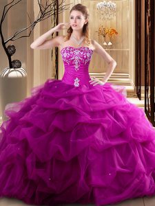 Smart Fuchsia Sleeveless Floor Length Embroidery and Pick Ups Lace Up Quince Ball Gowns