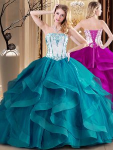 Teal Lace Up Strapless Embroidery Quinceanera Gown Tulle Sleeveless