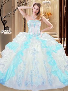 Ideal Blue And White Ball Gowns Strapless Sleeveless Organza Floor Length Lace Up Embroidery and Ruffled Layers Sweet 16 Dresses