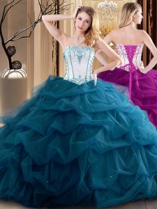 Best Teal Tulle Lace Up Quinceanera Dresses Sleeveless Floor Length Embroidery and Ruffled Layers