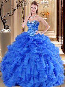 Glorious Royal Blue Sleeveless Floor Length Beading and Ruffles Lace Up Quinceanera Dresses