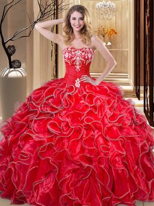 Perfect Sleeveless Floor Length Embroidery and Ruffles Lace Up Quinceanera Dresses with Coral Red