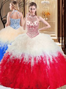 Luxurious White And Red 15th Birthday Dress Military Ball and Sweet 16 and Quinceanera and For with Beading and Ruffles Halter Top Sleeveless Lace Up
