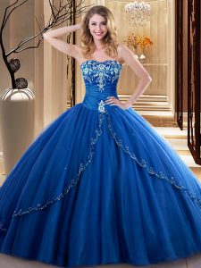 Royal Blue Ball Gowns Sweetheart Sleeveless Tulle Floor Length Lace Up Embroidery Ball Gown Prom Dress