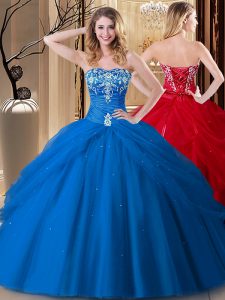 Sleeveless Tulle Floor Length Lace Up Quinceanera Dresses in Royal Blue with Embroidery