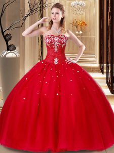 Tulle Sweetheart Sleeveless Lace Up Beading and Embroidery Sweet 16 Dress in Red