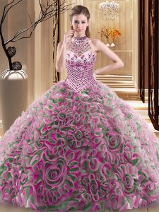 Fancy Halter Top Sleeveless Brush Train Lace Up With Train Beading Vestidos de Quinceanera