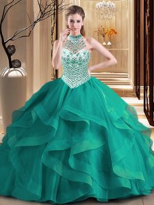 Admirable Tulle Halter Top Sleeveless Brush Train Lace Up Beading and Ruffles Quinceanera Dresses in Dark Green
