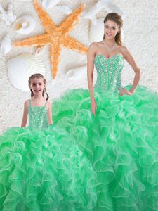 Sleeveless Organza Floor Length Lace Up Sweet 16 Dresses in Apple Green with Beading and Ruffles