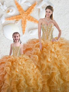 Amazing Sweetheart Sleeveless Quince Ball Gowns Floor Length Beading Yellow Organza