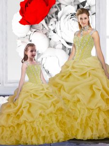 Fitting Yellow Organza Lace Up Straps Sleeveless Floor Length 15th Birthday Dress Beading and Ruffles and Pick Ups