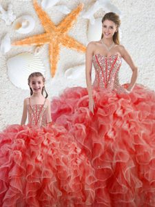 Organza Sweetheart Sleeveless Lace Up Beading and Ruffles Sweet 16 Dresses in Coral Red