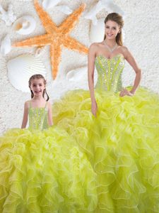 Yellow Green Sweetheart Lace Up Beading and Ruffles Quinceanera Gown Sleeveless