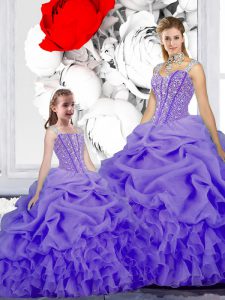 Lavender Straps Neckline Beading and Ruffles and Pick Ups Sweet 16 Quinceanera Dress Sleeveless Lace Up