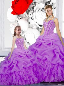 Customized Purple Straps Lace Up Beading and Ruffles and Pick Ups Quince Ball Gowns Sleeveless