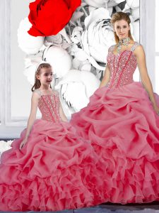 Glamorous Straps Floor Length Lace Up 15 Quinceanera Dress Rose Pink for Military Ball and Sweet 16 and Quinceanera with Beading and Ruffles and Pick Ups