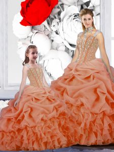 Straps Floor Length Lace Up Quinceanera Dresses Orange for Military Ball and Sweet 16 and Quinceanera with Beading and Ruffles and Pick Ups