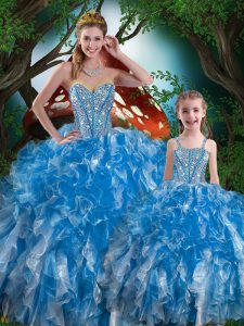 Best Floor Length Lace Up Sweet 16 Dresses Baby Blue for Military Ball and Sweet 16 and Quinceanera with Beading and Ruffles