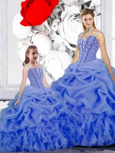 New Arrival Blue Sweet 16 Dress Military Ball and Sweet 16 and Quinceanera and For with Beading and Ruffles and Pick Ups Straps Sleeveless Lace Up