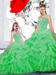 Luxurious Straps Sleeveless Floor Length Beading and Ruffles and Pick Ups Lace Up Quinceanera Gown with Green