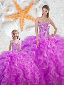 Sweet Fuchsia Organza Lace Up Sweetheart Sleeveless Floor Length Quinceanera Gowns Beading and Ruffles