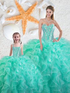 Glittering Turquoise Organza Lace Up Sweetheart Sleeveless Floor Length Quinceanera Dress Beading and Ruffles