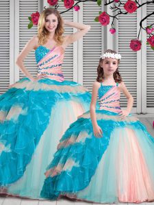 Popular Sleeveless Floor Length Beading and Ruching Lace Up 15th Birthday Dress with Multi-color