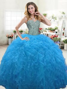 Stunning Baby Blue Sleeveless Floor Length Beading and Ruffles Lace Up Sweet 16 Quinceanera Dress