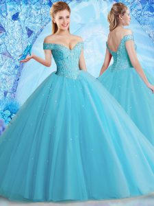 Noble Aqua Blue Lace Up Off The Shoulder Beading and Lace Vestidos de Quinceanera Tulle Sleeveless