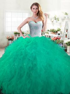 Custom Fit Sleeveless Floor Length Beading and Ruffles Lace Up Sweet 16 Quinceanera Dress with Green