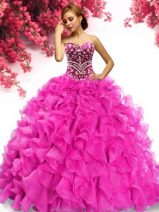 Customized Organza Sweetheart Sleeveless Sweep Train Lace Up Beading and Ruffles Quinceanera Dresses in Hot Pink