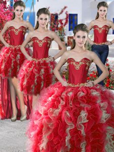 Four Piece Red Sleeveless Beading Floor Length Sweet 16 Dress