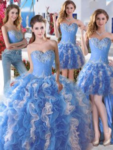 Spectacular Four Piece Blue And White Lace Up Sweetheart Beading Sweet 16 Dress Organza Sleeveless