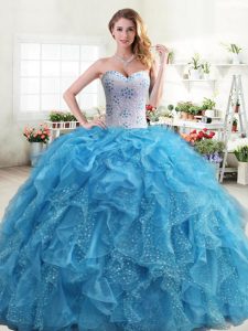 Unique Baby Blue 15 Quinceanera Dress Military Ball and Sweet 16 and Quinceanera and For with Beading and Ruffles Sweetheart Sleeveless Lace Up