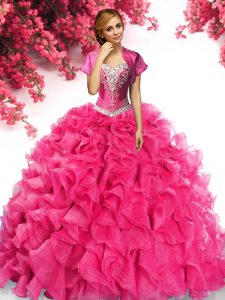 Customized Hot Pink Sleeveless With Train Beading and Ruffles Lace Up Quince Ball Gowns
