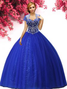 Sexy Royal Blue Sleeveless Floor Length Beading Lace Up Quince Ball Gowns