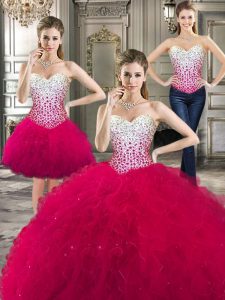 Ideal Three Piece Sweetheart Sleeveless Lace Up Vestidos de Quinceanera Hot Pink Tulle