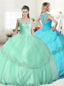 Straps Sleeveless 15th Birthday Dress Floor Length Beading and Lace and Appliques Apple Green Tulle