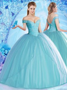 Exquisite Off the Shoulder Floor Length Aqua Blue Quinceanera Gown Tulle Sleeveless Beading