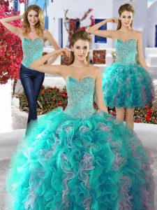 Three Piece Sleeveless Organza Floor Length Lace Up Vestidos de Quinceanera in Multi-color with Beading