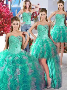 Traditional Four Piece Floor Length White and Turquoise Quinceanera Dresses Organza Sleeveless Beading