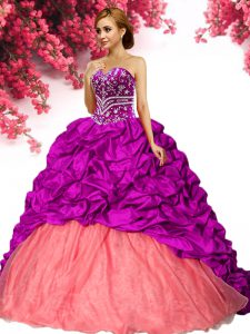 Sleeveless Beading and Pick Ups Lace Up Quinceanera Gowns with Fuchsia Brush Train