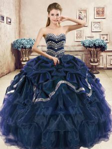 New Style Navy Blue and Purple Ball Gowns Organza Sweetheart Sleeveless Beading and Ruffled Layers and Pick Ups Floor Length Lace Up 15 Quinceanera Dress