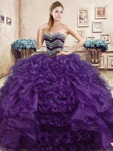 Sweetheart Sleeveless Quinceanera Gowns Floor Length Beading and Ruffles Purple Organza