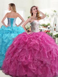 Hot Selling Floor Length Ball Gowns Sleeveless Hot Pink 15th Birthday Dress Lace Up